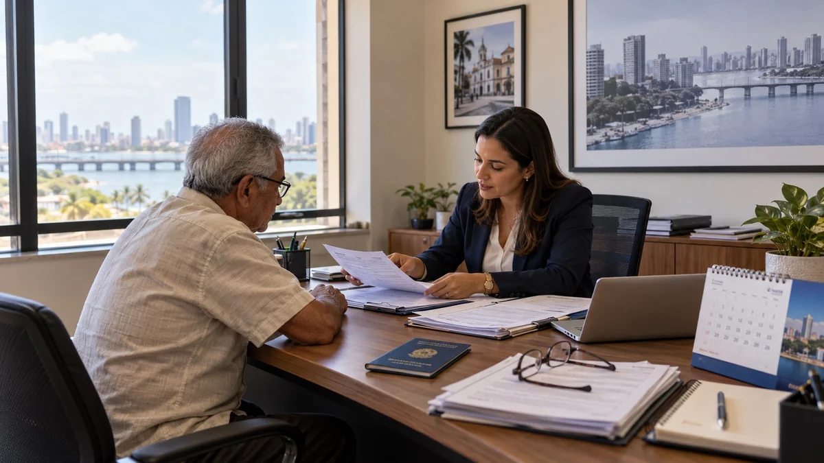 Imagem ilustrativa: pessoa idosa revisa documentos para benefício previdenciário em atendimento